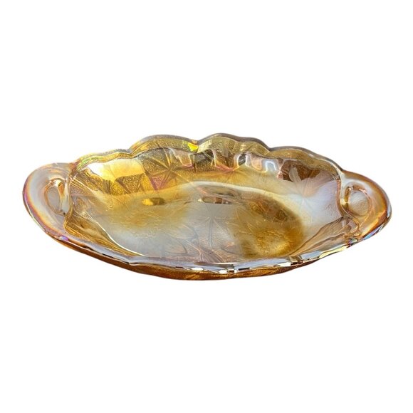 Amber Marigold Carnival Glass Sunflower Pattern Oval Relish Dish With Handles - Picture 2 of 9